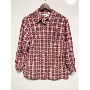 VTG 90s Patriotic Red White Blue Plaid Shirt Embroidered Hearts 14/16 Grannycore